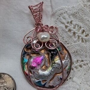 PENDANT JEWELRY WIRE WRAPPED‎ VINTAGE METAL BUTTON #3 OOAK HANDMADE